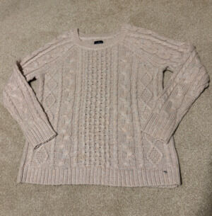 American Eagle Womens Cable Knit Sweater Pale Pink w Silver Metallic Thread Sz L